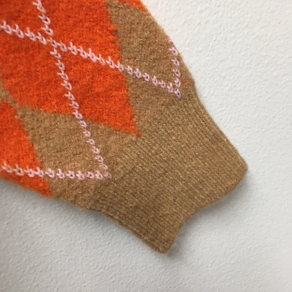 Zara Alpaca Wool Blend Argyle Crop Sweater Medium Tan Orange Stretch Cozy Fall - Picture 6 of 8